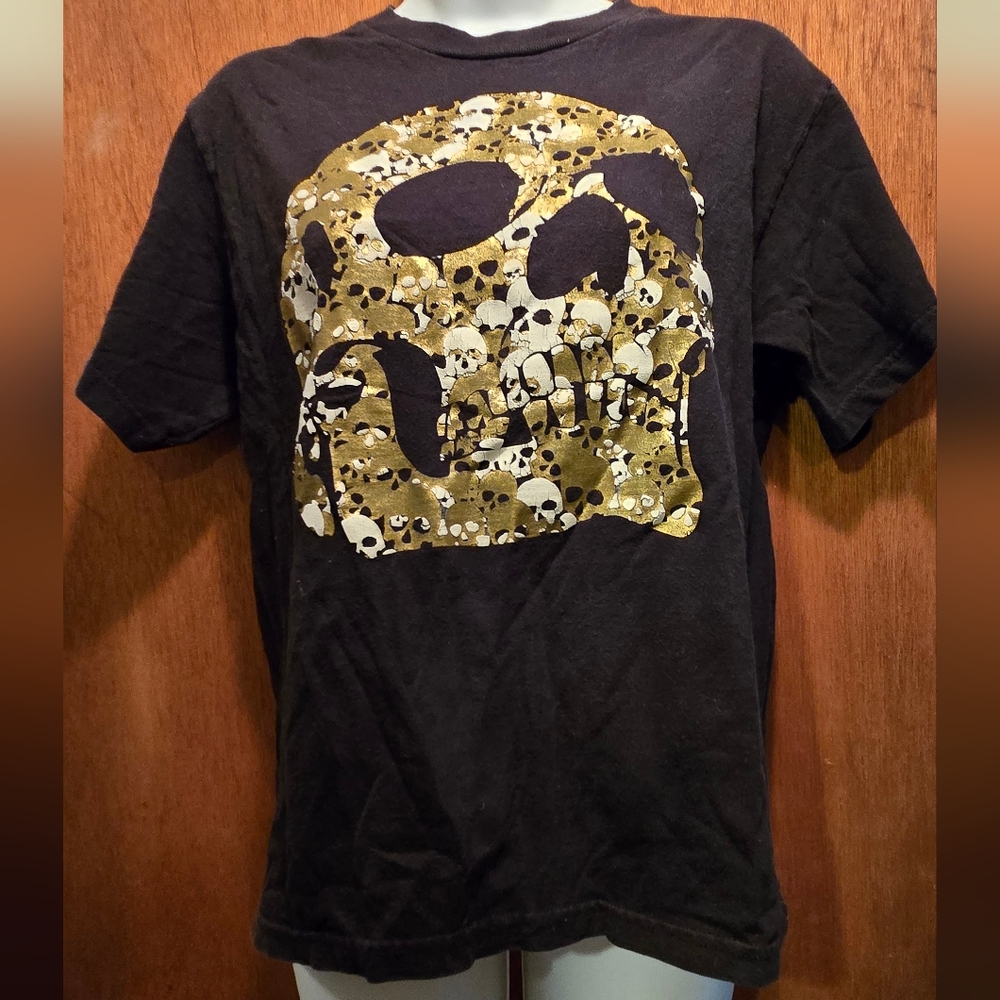 Top Heavy Black & Gold Short Sleeve Tee with Metallic Skull Design SzL - Picture 2 of 6